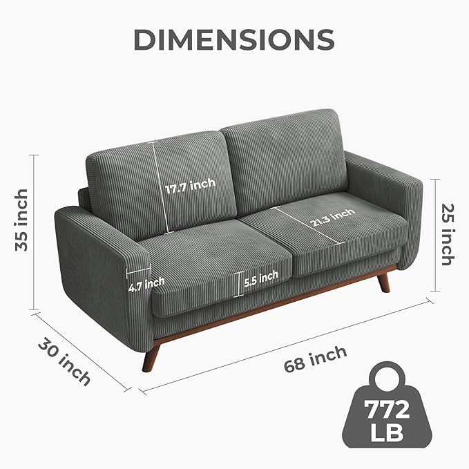 Vesgantti 68 Loveseat Sofa Dark Gray Comfy Corduroy Couch with Spring Cushion and Solid Wood Modern Extra Deep Seat for Bedroom Living Room Office