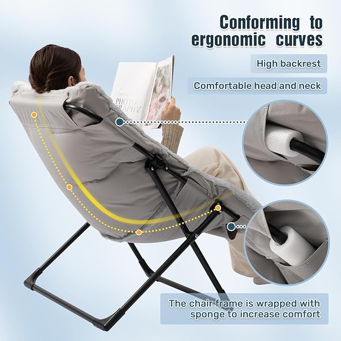 HollyHOME X-Large Saucer Chair with Foldable Ottoman Comfy Oversized Folding Chair and Folding Footrest Stool Set Faux-Fur Reading Chair and Footstool for Living Room Bedroom Grey Chair&ampStool