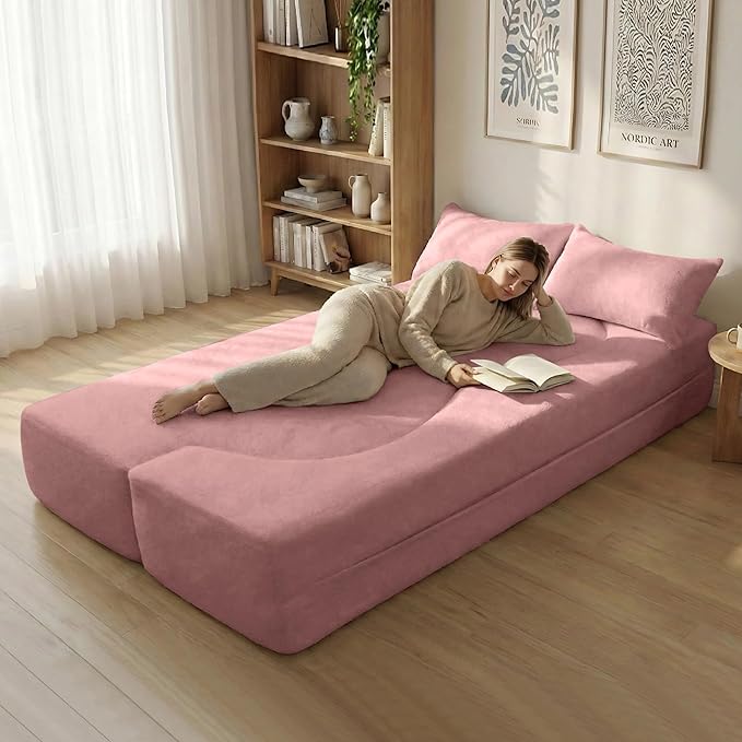 Modern Convertible Sleeper Sofa BedCompact Couch Loveseat Sofa Curved Seating Floor Couch Comfy Teddy Fabric SofaSoft Cloud Couch with Pillows for Apartment Living Room Bedroom (Pink)