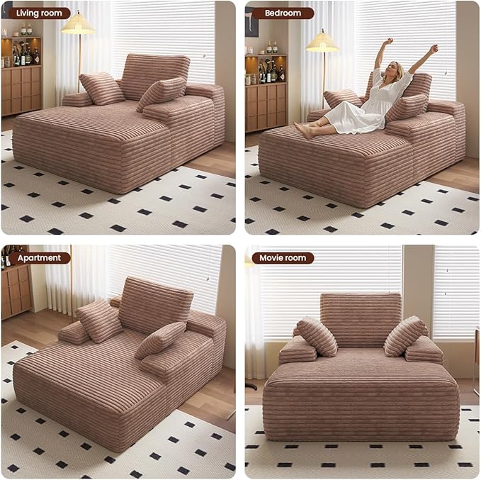 Oversized Chaise Lounge Chair Indoor 67'' Corduroy Boneless Sofa Bed Modern Upholstered Deep Seat Sleeper Couch for Living Room Movie Room Apartment Small Space No Assembly Brown