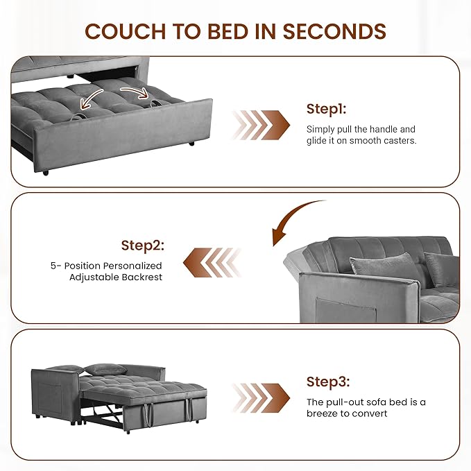 Convertible Sofa Bed 3 in 1 Pull Out Loveseat Sleeper Couch with Adjustable Backrest Side Pocket Two Pillows for Apartment Dorm Room Bedroom and Small Space | Velvet Fabric
