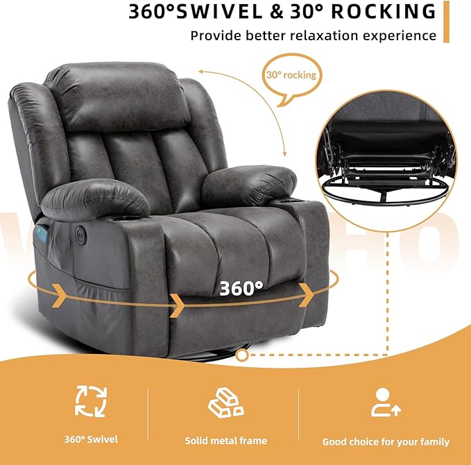 360° Swivel Glider Rocking Recliner Chair Overstuffed Manual Massage Recliner with Heat and Vibration Single Modern Sofa Home Theater Seating for Living Room USB Ports/Cup Holders (Grey)