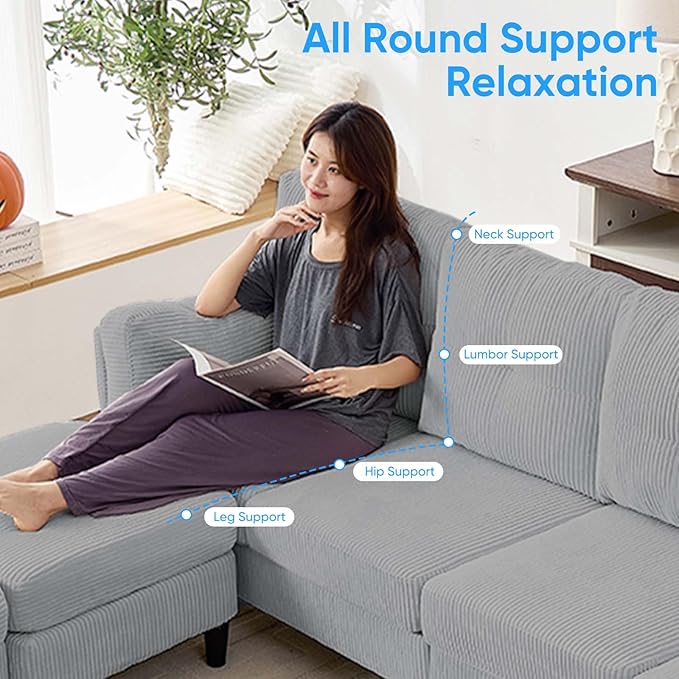 Mjkone Sectional Couch Sofa with Ottoman U Shape Sofa for Living Room Corduroy Convertrible Couches with Double Chaises 6 Seater Sofas for Living Room/Home Office/Guest (Light Grey)