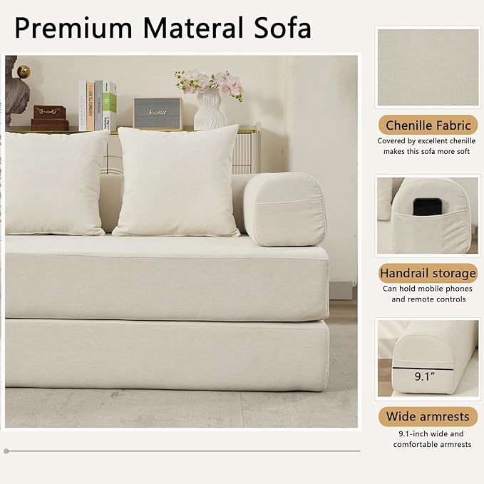 79 Inch 4-in-1 Convertible Sofa Bed Boneless Couches Chenille Folding Sleeper with Pull Out Bed Floor Futon Modular Lounge Loveseat Compressed Sofa No Assembly Required for Living Room (Beige)