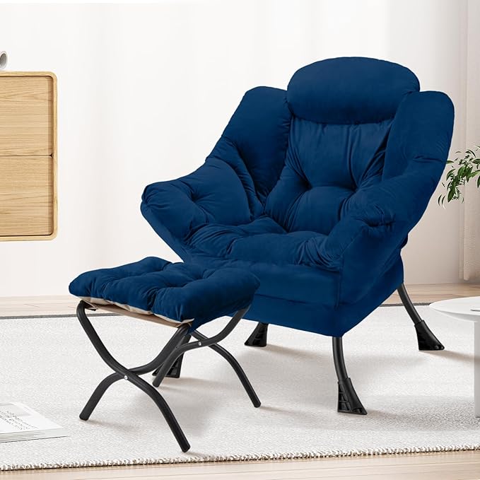Lazy Chair with Folding Ottoman Modern Large Accent ChairContemporary Lounge Leisure Sofa Chair with Armrests Upholstered Sofa Armchair Reading Chair for BedroomDorm &amp Office(Navy-f)