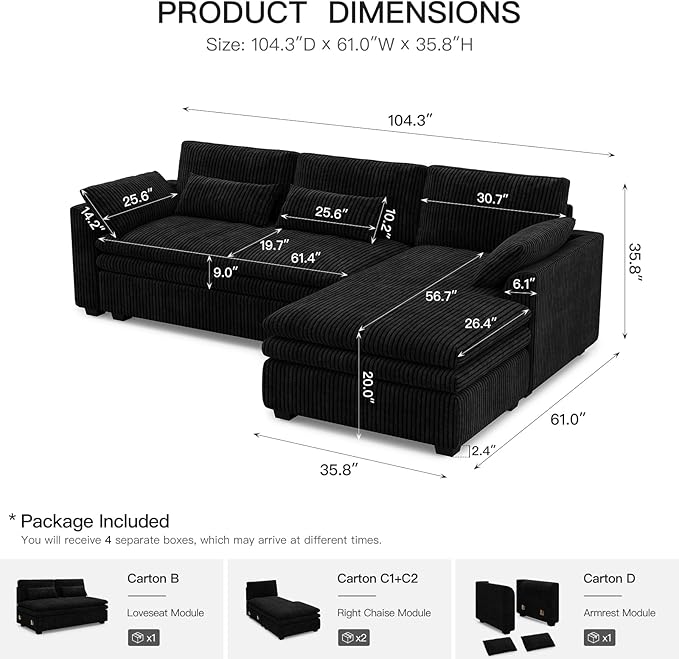 Belffin Large Modular Sectional Sofa with Deep Chaise 104 Corduroy L Shaped Couch with 9 Soft Dual-Layer Seats Cushion for Living Room Apartment Black