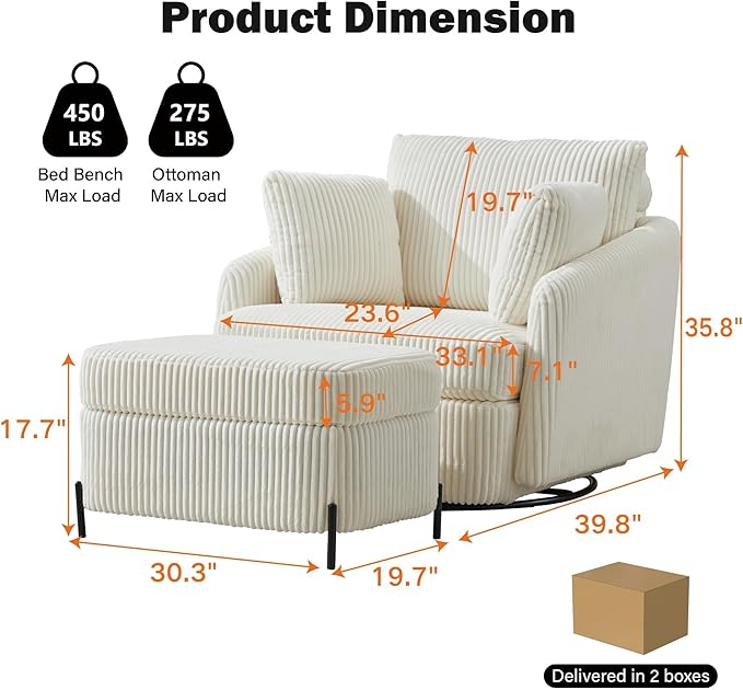 Chifee &amp Vingol 40.6 Oversized Swivel Accent Chair with OttomanCorduroyIvory
