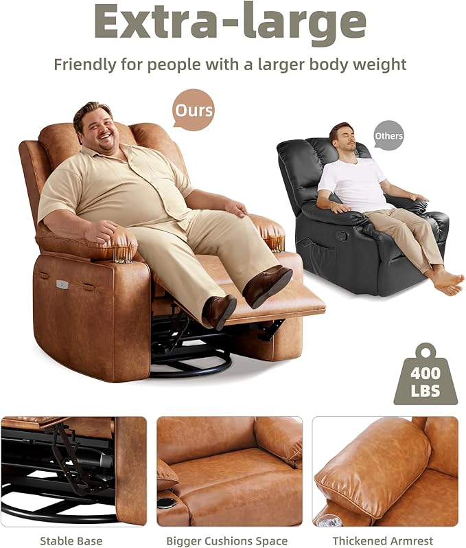 22'' Electric Recliner Chair for Adults Swivel Rocker Recliner with Massage and Heat Pu Leather Single Sofa with Cup Holder and Side Pocket for Living Room Bedroom Vintage Leather