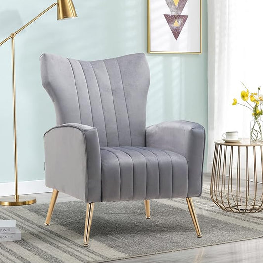 Velvet Accent Chair Modern Wingback Comfy Chair Tufted Reading Armchair with Gold Legs for Living Room/Bedroom Grey