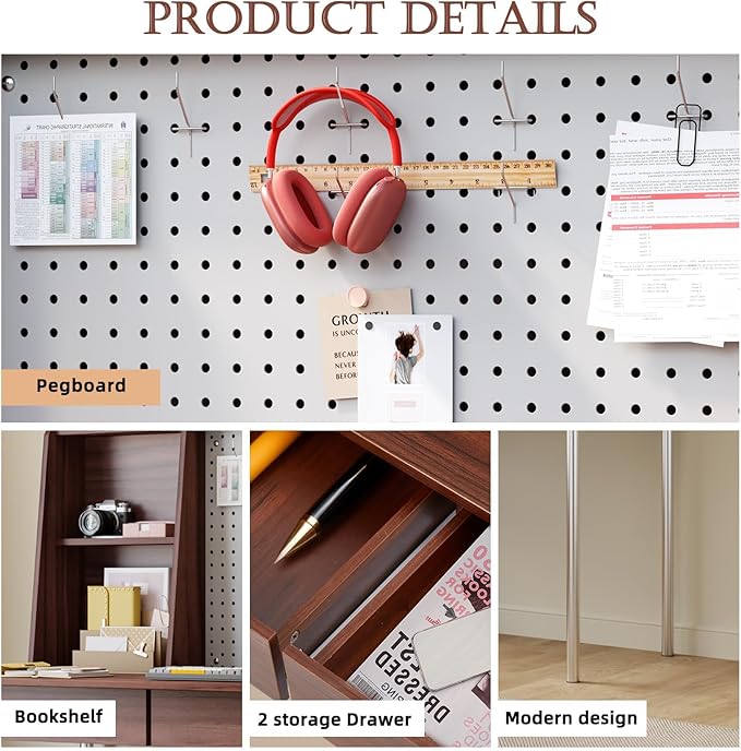 JOMEED Computer Desk with Hutch &amp DIY Pegboard Board 47 Inch Modern Home Office Study Writing Desk with Bookshelf &amp 2 Drawers Workspace for Work and Study Walnut