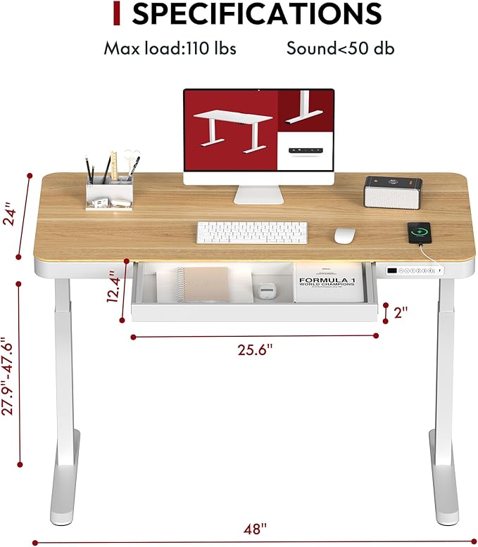 SANODESK Standing Desk with Drawer Electric Height Adjustable Home Office Desk with Storage &amp USB Ports 48 inch Maple Wood Tabletop/White Frame