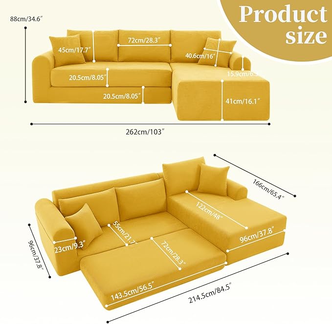 KBQ Modular Sectional Couch in a Box 103 L Shaped Boneless Cloud Couch with Deep Seat Convertible Sofa Bed for Living Room Bedroom Apartments No Assembly Required Yellow Right Facing Chaise