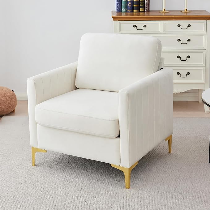 Velvet Accent Chair Upholstered Armchair Modern Single Sofa Chair for Living Room Bedroom Office (Beige)