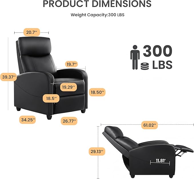HealSmart Push-Back Reclining Chair Adjustable PU Leather Lounge Seat Comfortable Single Seater for Living Room Bedroom &amp Home Theater Black