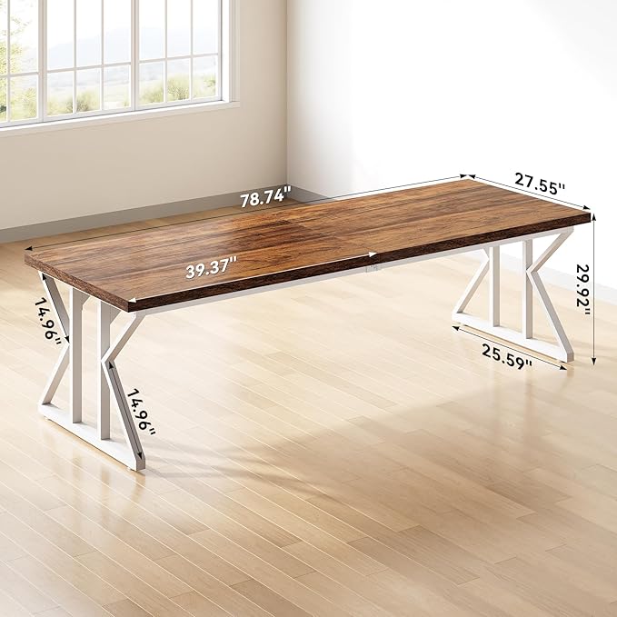 LITTLE TREE 78.7 Inch Large Executive Desk Modern Computer Office Desk Wooden Writing Desk Study Table for Home Office Rustic Brown-White