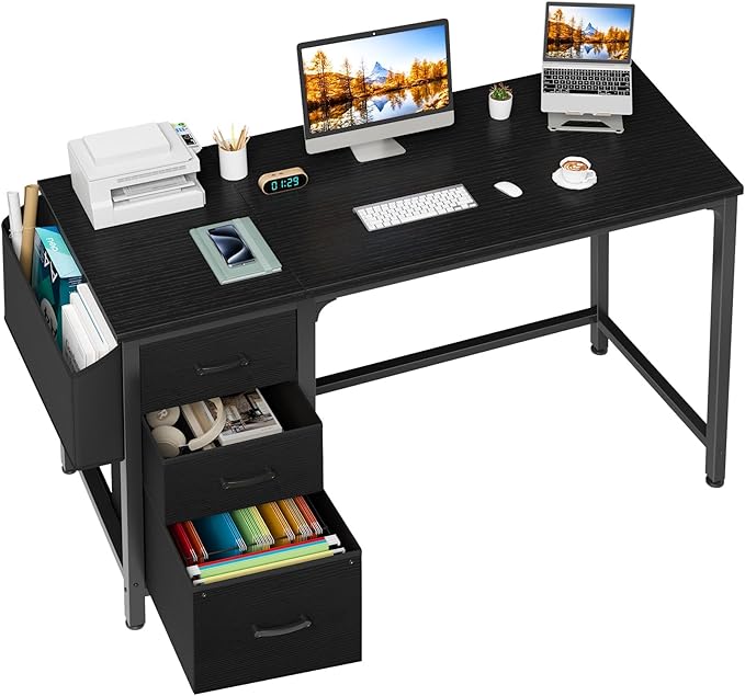 Lufeiya Computer Desk with Fabric File Drawers Cabinet 55 Inch Reversible Home Office Desks with Filing Cabinet Study Writing Table PC Desks with Storage for Bedroom Black
