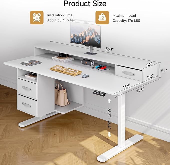 ONBRILL Standing Desk with Drawers 55x24 Inch Electric Stand Up Desk with 3 Drawers and Open Storage Shelf Adjustable Height 28-46 Inches for Home and Computer Workstation White