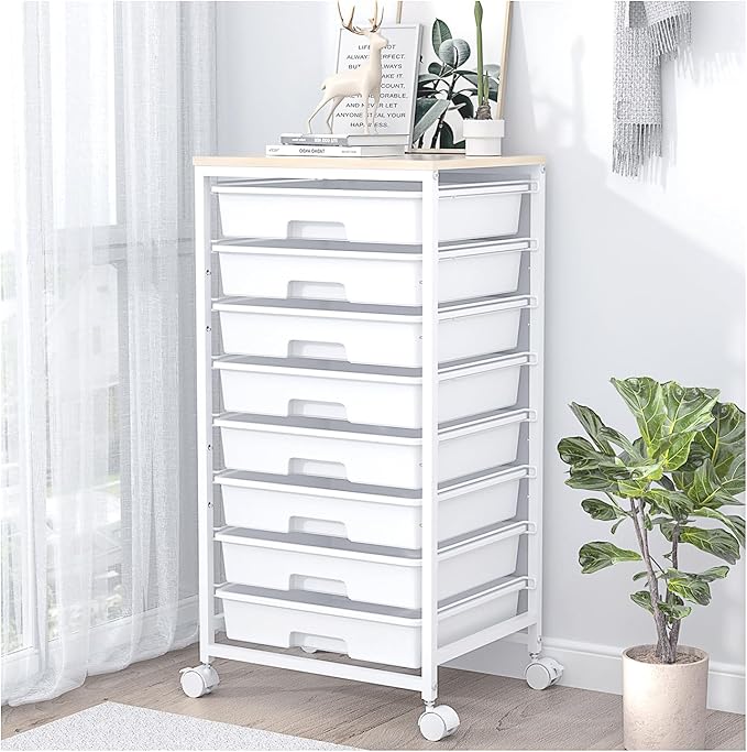 Rolling Storage Cart with DrawersUtility Cart With 8 Drawers and Wooden TabletopRolling Drawer CartStorage Drawer Cart for Living RoomClassroomBedroomBathroomDormOfficeWhite
