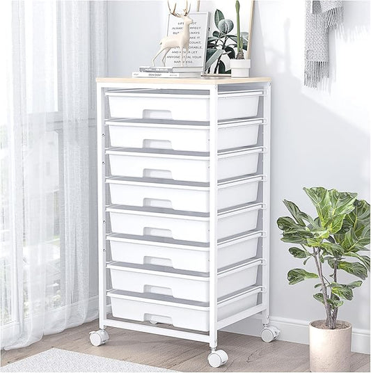 Rolling Storage Cart with DrawersUtility Cart With 8 Drawers and Wooden TabletopRolling Drawer CartStorage Drawer Cart for Living RoomClassroomBedroomBathroomDormOfficeWhite