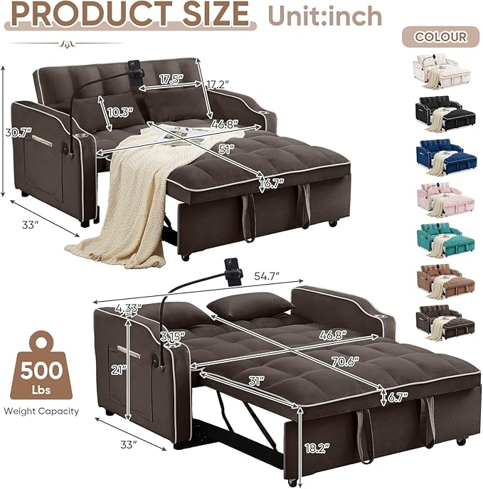 Antetek Sleeper Sofa Couch Bed with USB &amp Type C Port Modern 3-in-1 Convertible Velvet Pull Out Loveseat Futon Sofa w/Phone Holder/Cup Holder for Living Room Apartment Adjustable Backrest Coffe