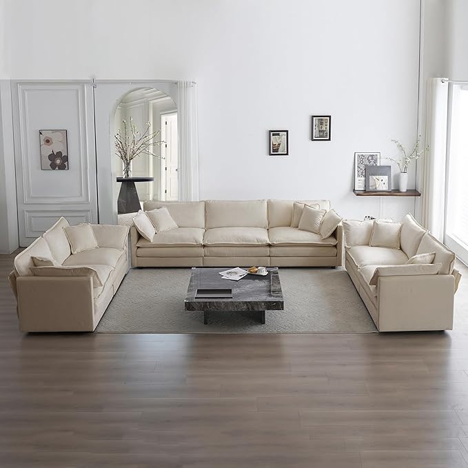 mikibama Luxury Oversized 3 Piece Sofa Set 2 Pieces of 2 Seater and 1 Piece of 3 Seater Sofa Modern Chenille Comfy Cloud Couches Set with 13 Pillow for Living Room Office Light Coffee