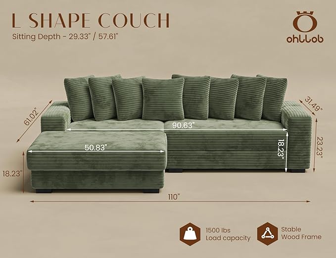 110 Modular Sectional Sofa L Shaped Couch with Chaise Lounge Fluffy Corduroy Cloud Couch with Deep Seat for Living Room (Green)