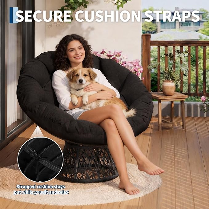 Garvee Papasan Chair 37 Ergonomic Wicker Papasan Chair with Extra-Thick Soft Fabric Cushion Heavy-Duty Steel Frame 360° Swivel Base for Living Room Bedroom &amp Reading Nook – All Black
