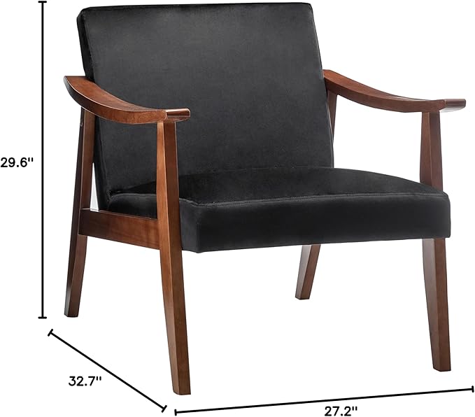 Accent Chair with Velvet Upholstery and Solid Wood Frame Classic Mid-Century Modern Living Room Furniture for Extra Seating Black