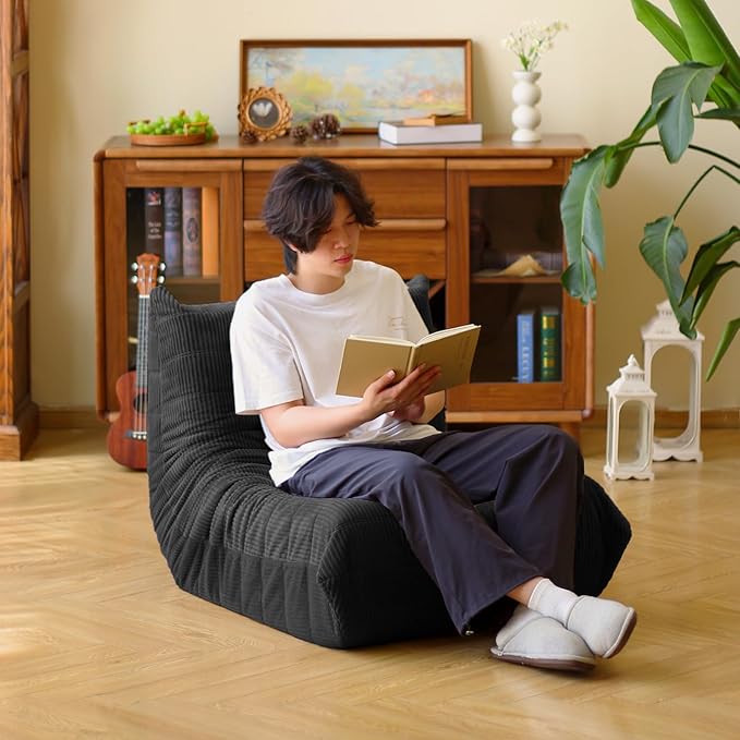 N&ampV Fireside Floor Sofa- Mid-Century Modern Armless Lounge Chair with Premium Soft Corduroy Fabric Plush Foam Cushion Accent Chair for Living Room Bedroom &amp Office (Black)