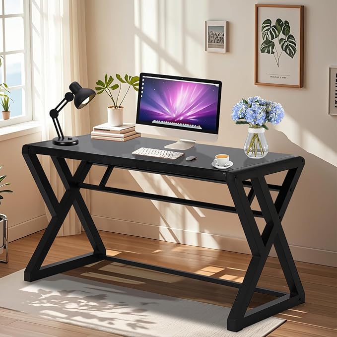 MANBUR Computer Desk Tempered Glass Computer Table Desk with Metal Frame Modern Simple Style Desk 55 in Study Writing Desk Workstation for Home Office (Black)