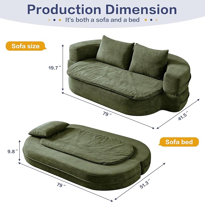 79 Sofa BedBoneless Boneless Couch Bed 3 in 1 Full Size Sleeper Sofa (Green)