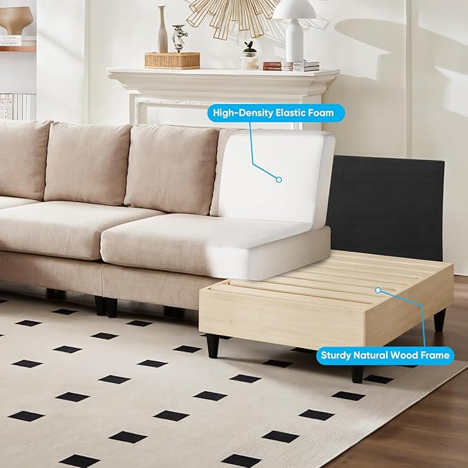 CECER 114” U-Shaped CouchLinen FabricLinen Fabric Modular Sectional Couches for Living Room/Apartment4 Seat Oversized SofaHigh Supportive&ampSoft Sponge(Beige)