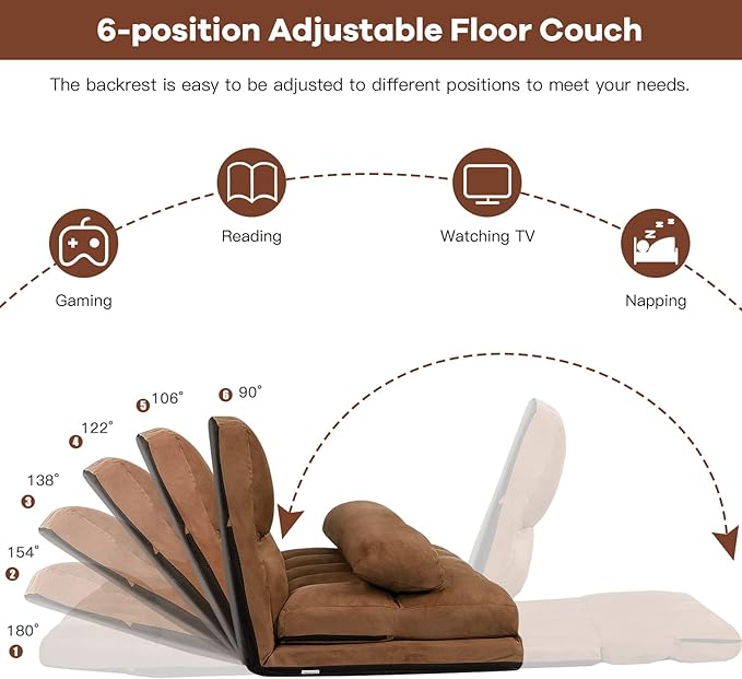 KOMFOTT Adjustable Floor Sofa Bed Foldable Lazy Sofa Sleeper Bed with 6 Position Backrest &amp 2 Pillows Convertible Futon Couch Bed with Suede Cloth Cover Lounge Recliner for Living Room (Coffee)