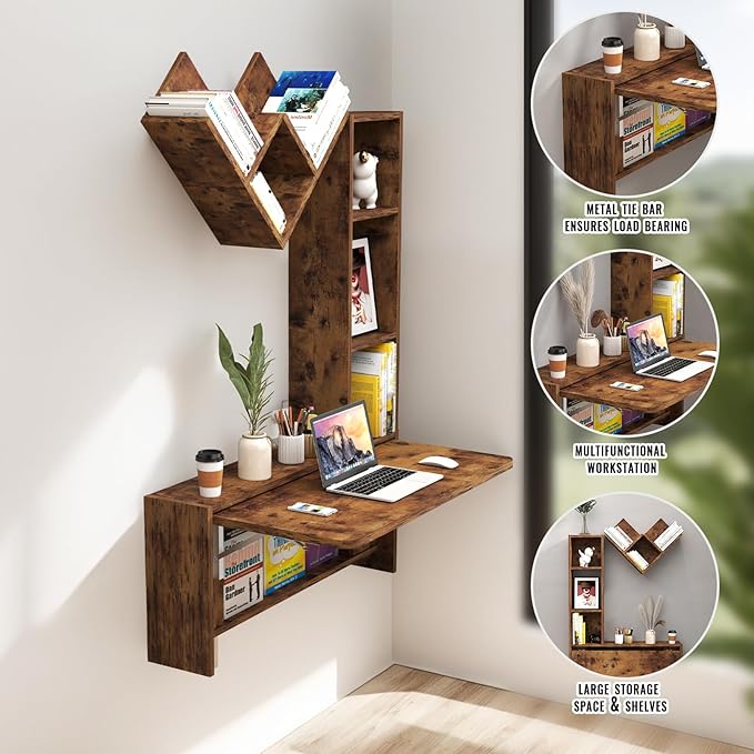 Folding Wall Mounted Drop Leaf Table Foldable Desk with Moveable Cabinets Floating Laptop with Convertible Storage Shelves Multifunctional Computer Workstation in Home for Space Saving