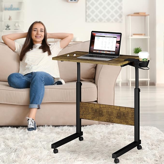 Klvied Standing Desk Adjustable Height Stand Up Desk with Cup Holder Portable and Easy to Move Bedside Table Ideal for Home or Office Walnut
