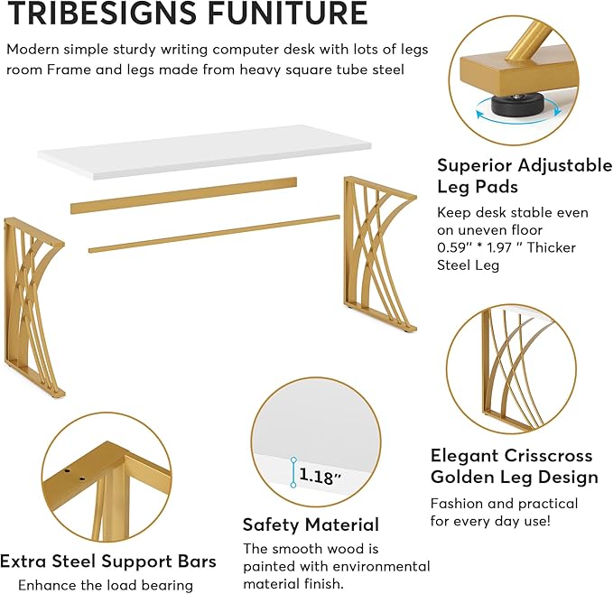 Tribesigns 55’’ Large Modern Computer Desk White &amp Gold Luxury Laptop PC Student Table with Thick Frame &amp Strong Legs Sturdy Writing Workstation for Home &amp Office