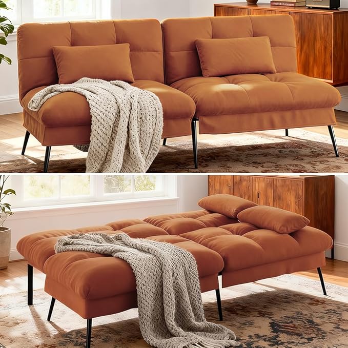 COMHOMA Convertible Sofa Bed68″Fabric Couch with Adjustable BackrestLoveseat Recliner Sleeper Living Room Furniture futon SetOrange