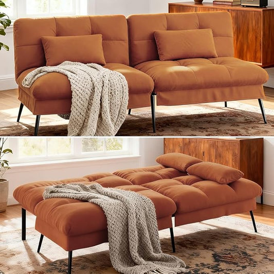 COMHOMA Convertible Sofa Bed68″Fabric Couch with Adjustable BackrestLoveseat Recliner Sleeper Living Room Furniture futon SetOrange
