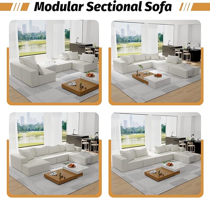 151'' Modular Sectional Sofa Couches Chenille Sleeper Deep Seat Sofa Bed Oversized Cloud Couch with 6 Pillows Free Combination Compression Sofa for Living Room (Beige 151)