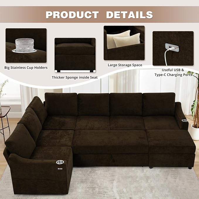 116 Chenille Modular Sofa Bed w/Adjustable Backrests U-Shape Sleeper Sofa w/USB Ports &amp Storage Space Convertible Corner Sectional Couch w/Pull Out Bed for House Living Room Brown