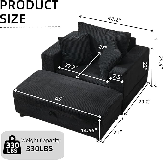 Chaise Lounge Chair with Removable Ottoman Modern Corduroy Accent Sleeper Sofa Bed with Pillows Deep Seat Upholstered Armchair for Living Room Bedroom (Black)