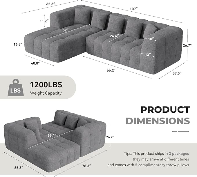 107 Boneless Couch with L - Shaped Chaise Modern Chenille Modular Sectional Sofa with Tufted Design Comfy Upholstered Sofa No - Assembly Sectional Couch Dark Grey