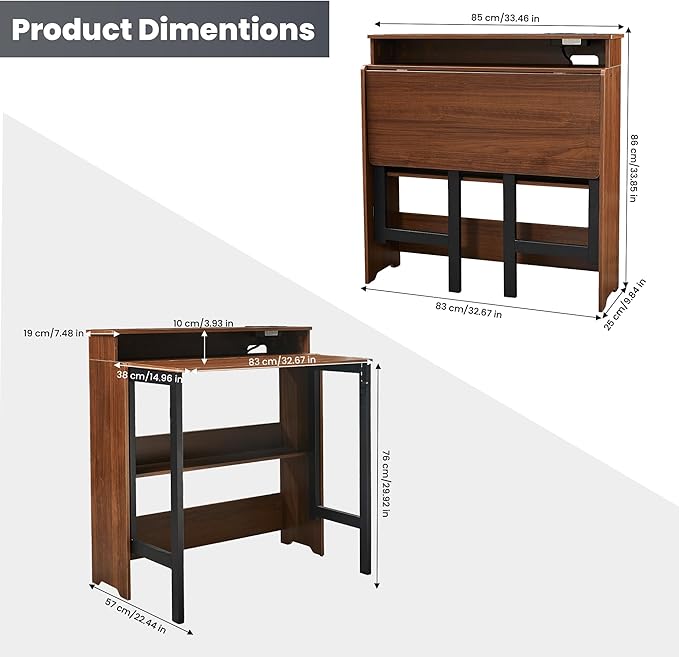 Folding Desk with Charging StationFold Out Desk with Monitor StandStorage ShelfSmall Foldable Computer Desk for Compact Home Office Spaces (Walnut)