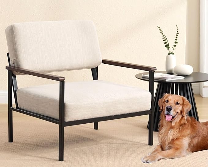 Mid Century Modern Beige Accent Chair Set of 1 Comfy Armchair with Black Metal Frame Soft Linen Fabric Upholstered Armchairs Living Room Chairs Lounge Chair Reading Chair for Bedroom/Office