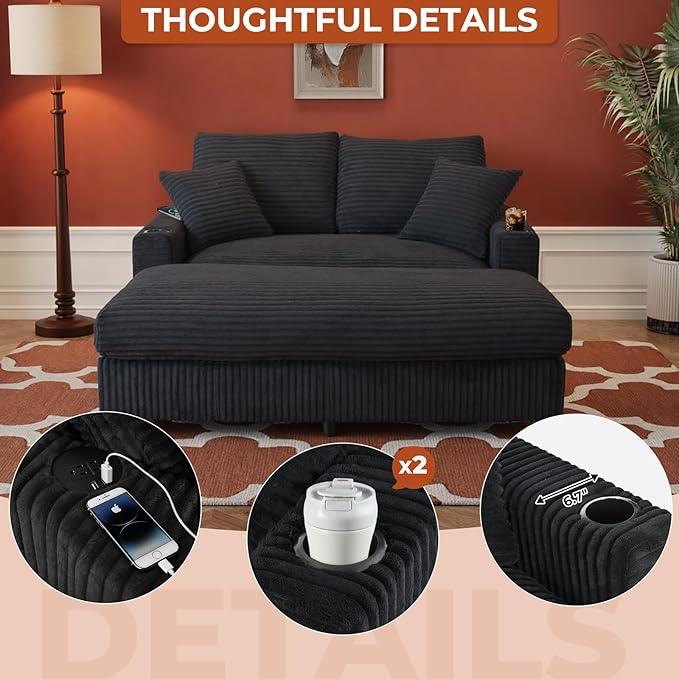 65 Oversized Chaise Lounge Chair Indoor Upholstered Sofa Bed with Pillows &amp 2 Cup Holders Sleeper Couch Comfy Corduroy Recliner Chair for Living Room Movie Room Bedroom Black