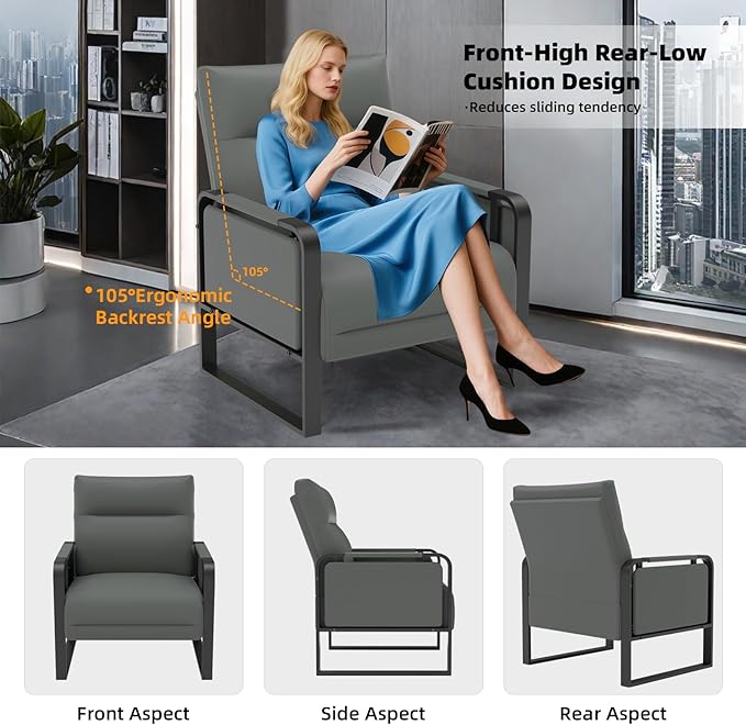 Faux Leather Accent Chair Upholstered Armchair with Side Tray &amp Pocket Comfy Reading Chair for Living Room Bedroom Guest Room Gray
