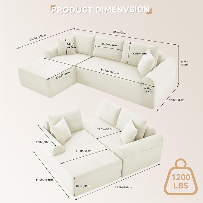 103 Cloud Modular Sectional Couch for Living RoomModern L-Shape Sofa Couch with Chaise Upholstered Modular Sectional Sofa with Deep SeatNo Assembly Required(Beige Left Facing Chaise)
