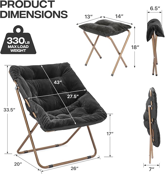 Cozy Saucer Chair Living Room Chair Faux Fur Soft Thick Padded Folding Chair Comfortable Square Moon Chair for Living Room Bedroom Reading Nook Modern Style 2 Pack Black