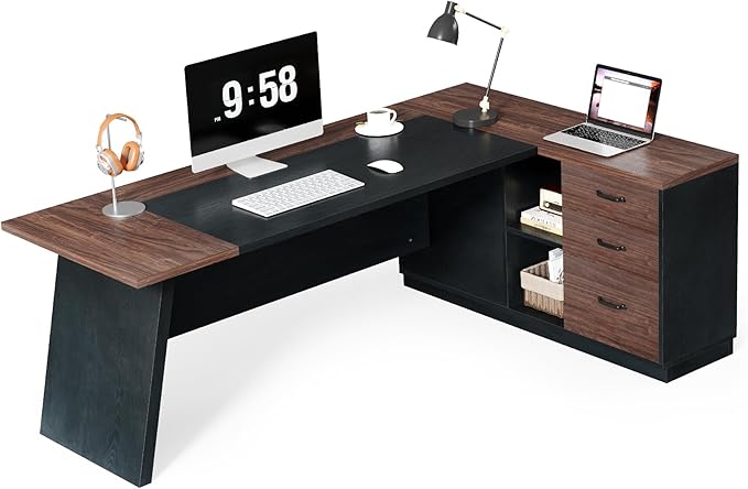 LITTLE TREE 78-Inch Executive Office Desk with File Cabinet Large Modern Corner Office Desk for Home Office 3-Drawer Wood File Cabinet Spacious Workstation for Home Office (Brown &amp Black)