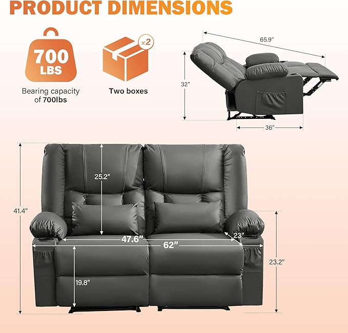 Grey Leather Reclining Loveseat with Massage/Heat/Pillow/USB/Cup Holders Oversized Loveseat Recliner for Living Room Manual Reclining Sofa for Adults 700 Lbs Capacity (Grey)